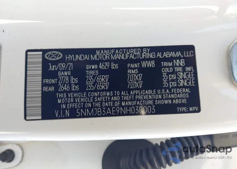 2022 Hyundai Tucson Sel z USA, uszkodzony, nr VIN 5NMJB3AE9NH030003